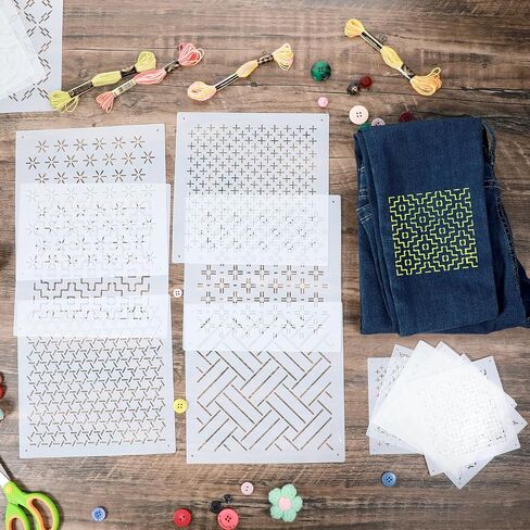 18Pcs Sashiko Stencil Geometric Sashiko Patterns Template 7.87 Inch Sashiko Template White Drawing Line Line Quilting Stencils for Sewing Hand Quilting Embroidery in Saudi Arabia