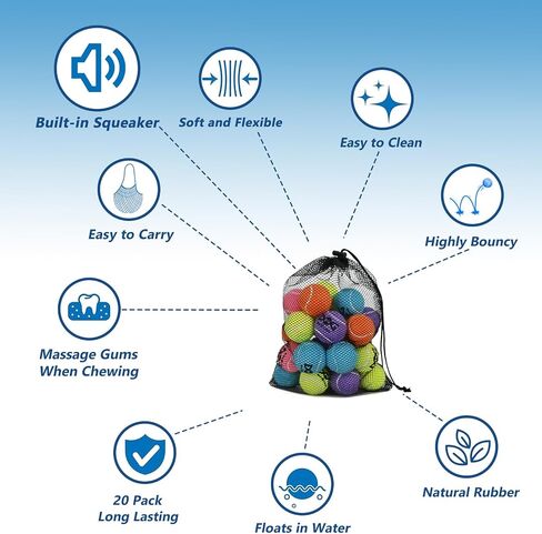 Small Tennis Balls for Dogs - 20 Pack Squeaky Dog Balls Toys with Mesh Bag, SGS Certified, Durable Non-Toxic, Built in Squeaker, Small Breeds in Kuwait