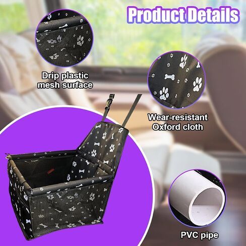 Pet Car Seat, Breathable & Waterproof Oxford Dog Car Booster Seats with Seat Belt and Mesh Window, Portable Foldable Travel Look Out Bag for Small Medium Dogs & Cats (Black, 1PC) in Saudi Arabia