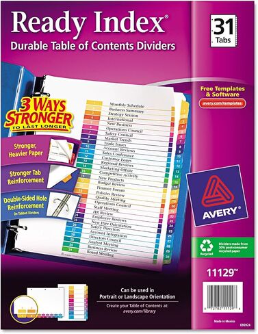 Customizable TOC Ready Index Multicolor Tab Dividers, 31-Tab, 1 to 31, 11 x 8.5, White, Traditional Color Tabs, 1 Set in Saudi Arabia