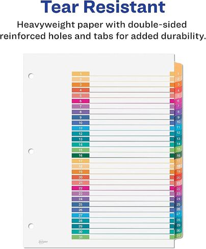Customizable TOC Ready Index Multicolor Tab Dividers, 31-Tab, 1 to 31, 11 x 8.5, White, Traditional Color Tabs, 1 Set in Saudi Arabia