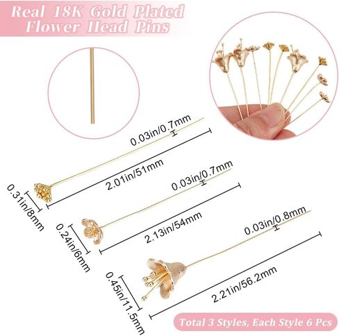 Beebeecraft 18Pcs 3 Styles Ball Head Pins Brass Flower Shape Eye Pin Real 18K Gold Plated Long Wire Needle Headpins Stick Pin for Jewelry Making Earrings Supplies DIY Craft Findings in Saudi Arabia