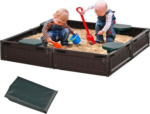 Outsunny Kids Outdoor Sandbox with Cover Garden Bed Sand Pit, Easy Assembly Children's Oval Sandbox for Backyard, Brown, 72" x 41.25" x 8.75" in Saudi Arabia