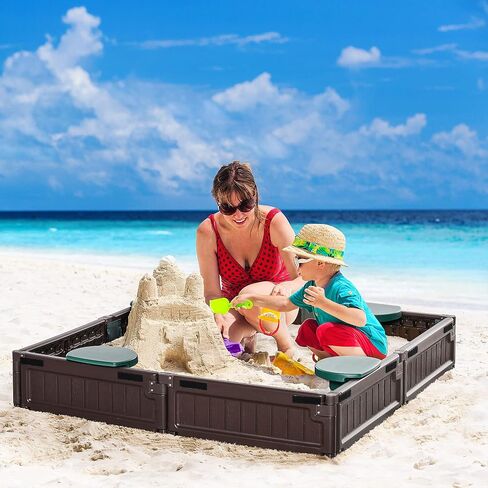 Outsunny Kids Outdoor Sandbox with Cover Garden Bed Sand Pit, Easy Assembly Children's Oval Sandbox for Backyard, Brown, 72" x 41.25" x 8.75" in Saudi Arabia