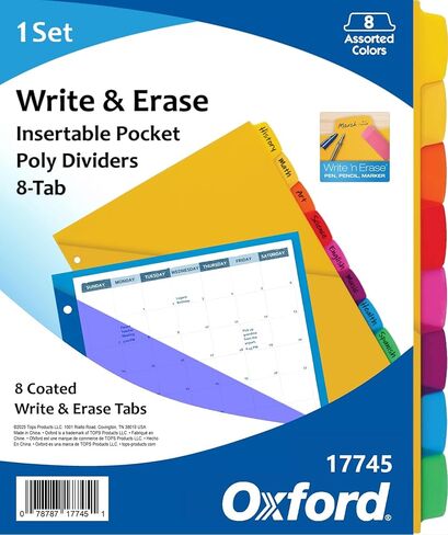 Oxford Write & Erase Plastic Binder Dividers, 8 Tab, Slash Pocket, Write On Tabs, Erase Ballpoint Pen, Marker, Pencil, Asstd. Colors, 1 Set of 8 Dividers (17745) in Saudi Arabia
