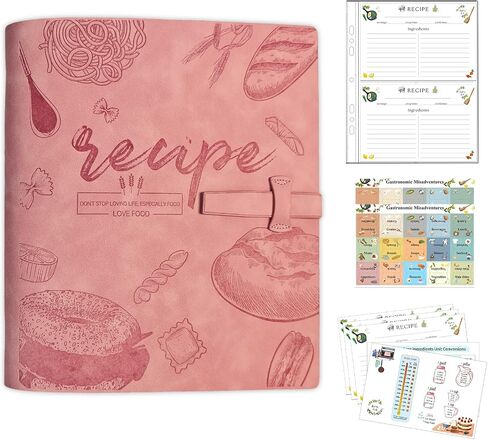 Recipe Binder, Recipe Book Binder with Plastic Sleeves, Blank Recipe Card Book to Write in Your Own Recipes (4" x 6" Recipe Cards & Category Tab) (Pink) in Kuwait