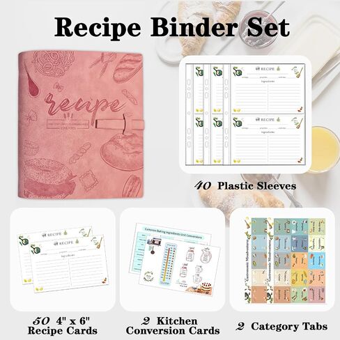 Recipe Binder, Recipe Book Binder with Plastic Sleeves, Blank Recipe Card Book to Write in Your Own Recipes (4" x 6" Recipe Cards & Category Tab) (Pink) in Kuwait