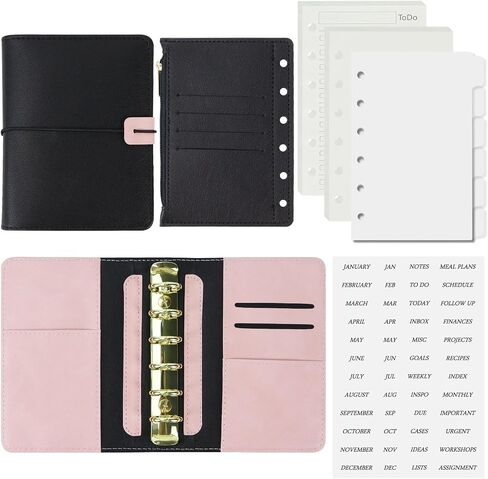 Koqye A7 Leather Binder 6 حلقات مع جيب سستة ، وتشمل مقاولات وإيجاد ملصقات ، وغطاء مخطط قابلة لإعادة التعبئة الأسود مع جيوب (أسود & وردي) in Saudi Arabia