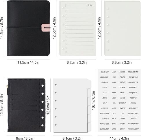 Koqye A7 Leather Binder 6 حلقات مع جيب سستة ، وتشمل مقاولات وإيجاد ملصقات ، وغطاء مخطط قابلة لإعادة التعبئة الأسود مع جيوب (أسود & وردي) in Saudi Arabia