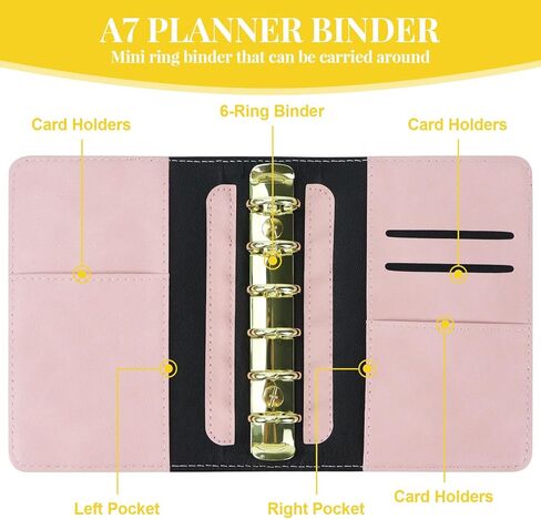 Koqye A7 Leather Binder 6 حلقات مع جيب سستة ، وتشمل مقاولات وإيجاد ملصقات ، وغطاء مخطط قابلة لإعادة التعبئة الأسود مع جيوب (أسود & وردي) in Saudi Arabia