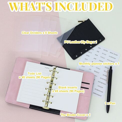Koqye A7 Leather Binder 6 حلقات مع جيب سستة ، وتشمل مقاولات وإيجاد ملصقات ، وغطاء مخطط قابلة لإعادة التعبئة الأسود مع جيوب (أسود & وردي) in Saudi Arabia