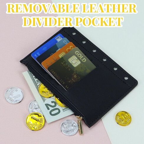 Koqye A7 Leather Binder 6 حلقات مع جيب سستة ، وتشمل مقاولات وإيجاد ملصقات ، وغطاء مخطط قابلة لإعادة التعبئة الأسود مع جيوب (أسود & وردي) in Saudi Arabia