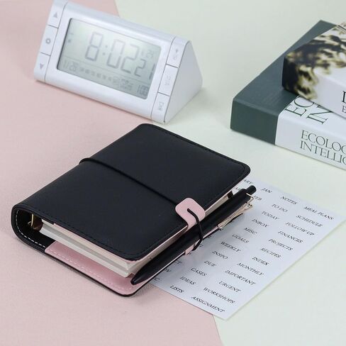 Koqye A7 Leather Binder 6 حلقات مع جيب سستة ، وتشمل مقاولات وإيجاد ملصقات ، وغطاء مخطط قابلة لإعادة التعبئة الأسود مع جيوب (أسود & وردي) in Saudi Arabia