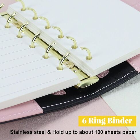 Koqye A7 Leather Binder 6 حلقات مع جيب سستة ، وتشمل مقاولات وإيجاد ملصقات ، وغطاء مخطط قابلة لإعادة التعبئة الأسود مع جيوب (أسود & وردي) in Saudi Arabia