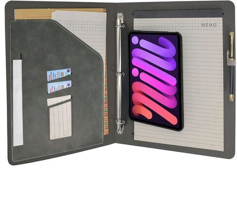 Tablet Binder Portfolio Case with Clipboard Folio Cover, 3-Ring Binder Padfolio Organizer Folder with Removable Tablet Holder, Compatible with iPad Mini (A17 Pro)/ iPad Mini 6th, Gray in Kuwait