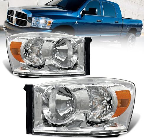 AS Headlight Assembly Compatible with 2009-2014 Dodge Ram 1500 Chrome Housing Amber Reflector Driver and Passenger Side in Saudi Arabia