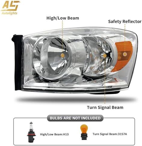 AS Headlight Assembly Compatible with 2009-2014 Dodge Ram 1500 Chrome Housing Amber Reflector Driver and Passenger Side in Saudi Arabia