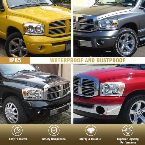 AS Headlight Assembly Compatible with 2009-2014 Dodge Ram 1500 Chrome Housing Amber Reflector Driver and Passenger Side in Saudi Arabia