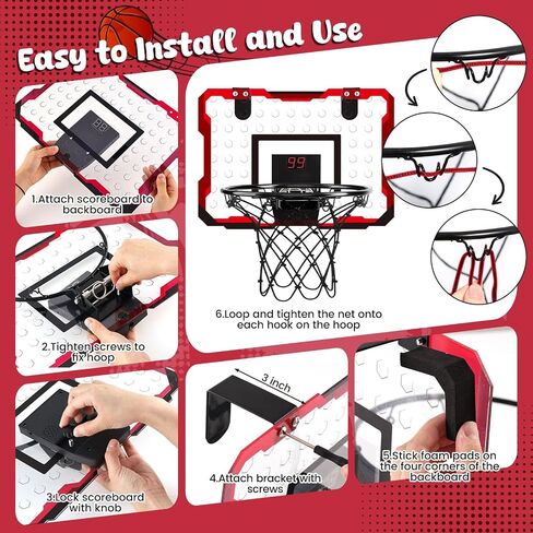 LovesTown Mini Indoor Basketball Hoop for Kids, Pink Basketball Hoops Over The Door with LED Lighting - 4 Balls - DIY Stickers, Great for Home, Dorms, Offices, and Gifts for Girls in Saudi Arabia