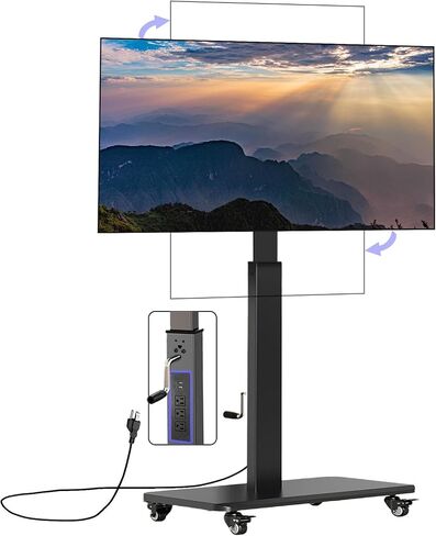 90° Swivel Mobile TV Stand on Wheels with Power Outlet, Portable Rolling TV Stand with Hand Crank Infinitely Adjustable Height, Rolling TV Cart with Wheels for 32 to 65 70 75 80 inch TVs up to 110 lbs in Saudi Arabia