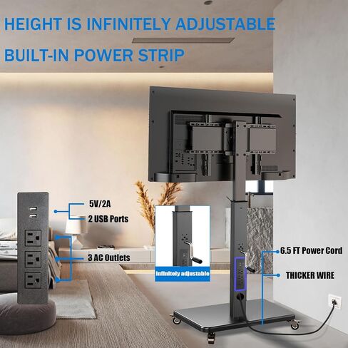 90° Swivel Mobile TV Stand on Wheels with Power Outlet, Portable Rolling TV Stand with Hand Crank Infinitely Adjustable Height, Rolling TV Cart with Wheels for 32 to 65 70 75 80 inch TVs up to 110 lbs in Saudi Arabia
