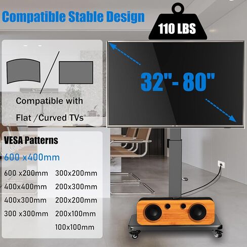 90° Swivel Mobile TV Stand on Wheels with Power Outlet, Portable Rolling TV Stand with Hand Crank Infinitely Adjustable Height, Rolling TV Cart with Wheels for 32 to 65 70 75 80 inch TVs up to 110 lbs in Saudi Arabia