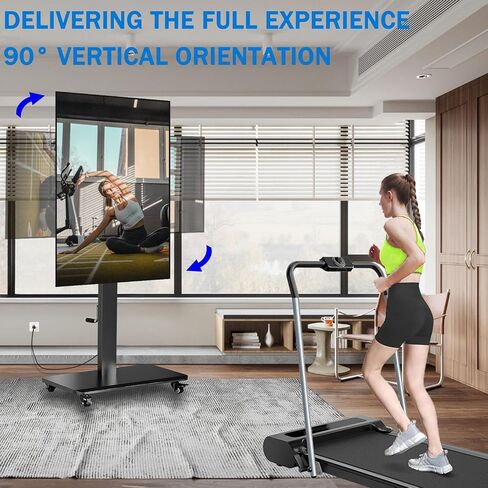 90° Swivel Mobile TV Stand on Wheels with Power Outlet, Portable Rolling TV Stand with Hand Crank Infinitely Adjustable Height, Rolling TV Cart with Wheels for 32 to 65 70 75 80 inch TVs up to 110 lbs in Saudi Arabia