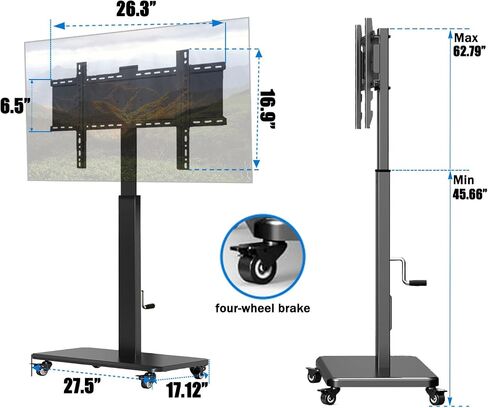 90° Swivel Mobile TV Stand on Wheels with Power Outlet, Portable Rolling TV Stand with Hand Crank Infinitely Adjustable Height, Rolling TV Cart with Wheels for 32 to 65 70 75 80 inch TVs up to 110 lbs in Saudi Arabia