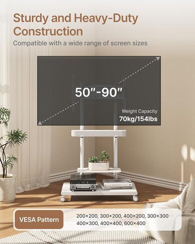 Rolling TV Stand with Soundbar Mount for 37-75inch TVs up to 154lbs | Swivel&Tilt Mobile TV Stand with Large Storage,Height Adjustable,Steel Base,Max VESA 600x400mm,Sturdiness,Easy Assembly,Black in Kuwait