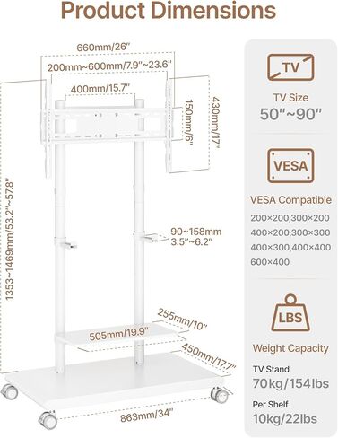 Rolling TV Stand with Soundbar Mount for 37-75inch TVs up to 154lbs | Swivel&Tilt Mobile TV Stand with Large Storage,Height Adjustable,Steel Base,Max VESA 600x400mm,Sturdiness,Easy Assembly,Black in Kuwait