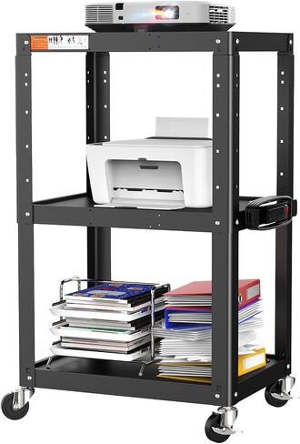 3 Shelf Metal Utility Cart - Durable Computer Cart on Wheels with Power Strip,Height Adjustable AV Presentation Cart Stand for Movie Projector,TV and Laptop Computers,Easy to Assemble, Black in Kuwait