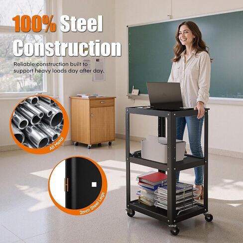 3 Shelf Metal Utility Cart - Durable Computer Cart on Wheels with Power Strip,Height Adjustable AV Presentation Cart Stand for Movie Projector,TV and Laptop Computers,Easy to Assemble, Black in Kuwait