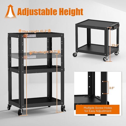 3 Shelf Metal Utility Cart - Durable Computer Cart on Wheels with Power Strip,Height Adjustable AV Presentation Cart Stand for Movie Projector,TV and Laptop Computers,Easy to Assemble, Black in Kuwait