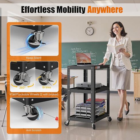 3 Shelf Metal Utility Cart - Durable Computer Cart on Wheels with Power Strip,Height Adjustable AV Presentation Cart Stand for Movie Projector,TV and Laptop Computers,Easy to Assemble, Black in Kuwait
