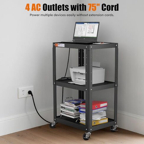 3 Shelf Metal Utility Cart - Durable Computer Cart on Wheels with Power Strip,Height Adjustable AV Presentation Cart Stand for Movie Projector,TV and Laptop Computers,Easy to Assemble, Black in Kuwait
