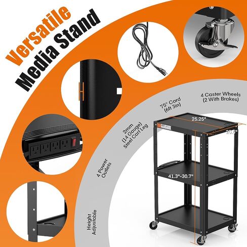 3 Shelf Metal Utility Cart - Durable Computer Cart on Wheels with Power Strip,Height Adjustable AV Presentation Cart Stand for Movie Projector,TV and Laptop Computers,Easy to Assemble, Black in Kuwait