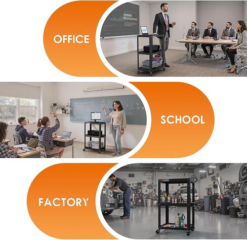 3 Shelf Metal Utility Cart - Durable Computer Cart on Wheels with Power Strip,Height Adjustable AV Presentation Cart Stand for Movie Projector,TV and Laptop Computers,Easy to Assemble, Black in Kuwait