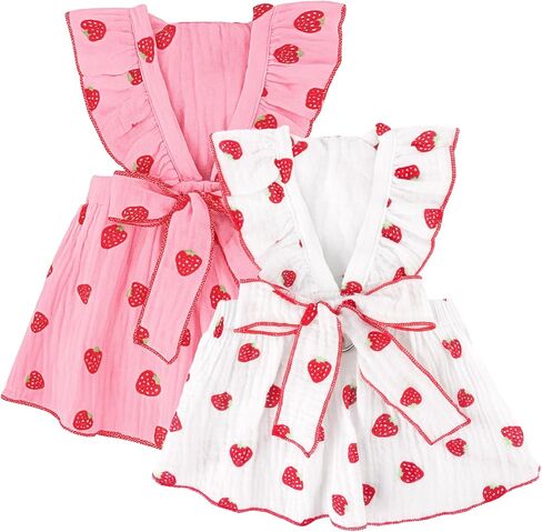 2 Pack Dog Dress Clothes for Small Dogs Girl with Leash Ring & Bow cat Dog Outfit Strawberry Printed Pet Cat Apparel Sweet Ruffled Chihuahua Yorkie Puppy Clothes in Kuwait