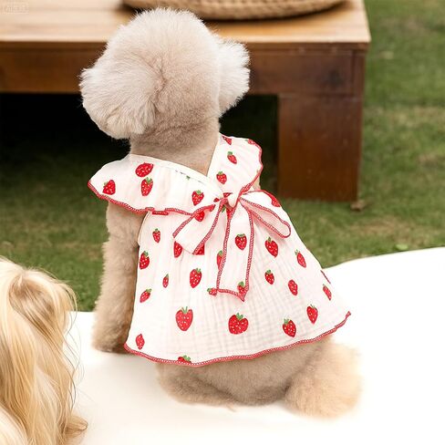 2 Pack Dog Dress Clothes for Small Dogs Girl with Leash Ring & Bow cat Dog Outfit Strawberry Printed Pet Cat Apparel Sweet Ruffled Chihuahua Yorkie Puppy Clothes in Kuwait