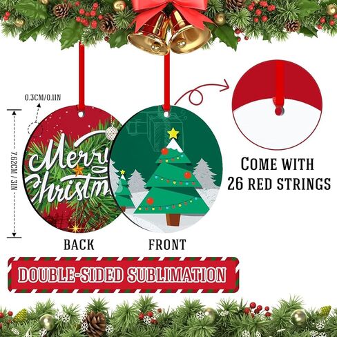 Htvront Sublimation Ornament Blanks 26 pcs- 3 بوصة تسامي عيد الميلاد زخرفة الفراغات المزدوجة مع سلسلة حمراء - مستلزمات زخرفة MDF شخصية لعيد الميلاد عيد الميلاد in Saudi Arabia