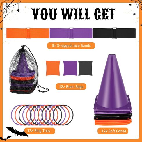 Leitee 40 PCS 4 in 1 Halloween Bean Bag Thos Toss Troam Thing Thing ، مخروطات بلاستيكية ناعمة ، أكياس فول ، فرق سباق 3 أرجل ، مجموعة ألعاب الهالوين مجموعة فناء داخلي في الهواء الطلق. in Kuwait