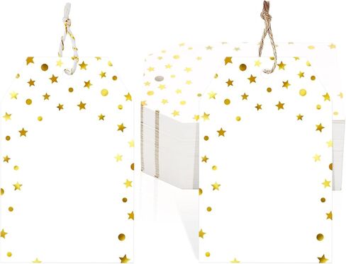 jijAcraft 100Pcs Gift Tags with String, Foil Gold Dots Blank Tags, 3.3x2.2Inch White Paper Tag, Party Favors Hanging Name Labels for Baby Shower, Birthday, Wedding in Saudi Arabia
