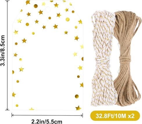 jijAcraft 100Pcs Gift Tags with String, Foil Gold Dots Blank Tags, 3.3x2.2Inch White Paper Tag, Party Favors Hanging Name Labels for Baby Shower, Birthday, Wedding in Saudi Arabia
