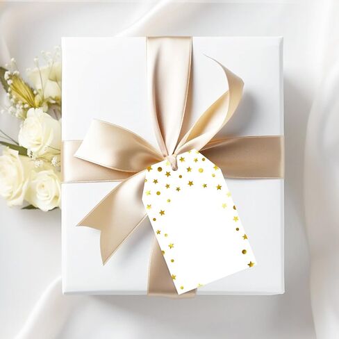 jijAcraft 100Pcs Gift Tags with String, Foil Gold Dots Blank Tags, 3.3x2.2Inch White Paper Tag, Party Favors Hanging Name Labels for Baby Shower, Birthday, Wedding in Saudi Arabia