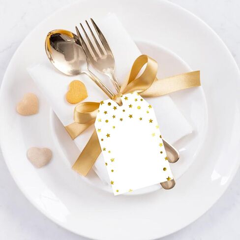 jijAcraft 100Pcs Gift Tags with String, Foil Gold Dots Blank Tags, 3.3x2.2Inch White Paper Tag, Party Favors Hanging Name Labels for Baby Shower, Birthday, Wedding in Saudi Arabia