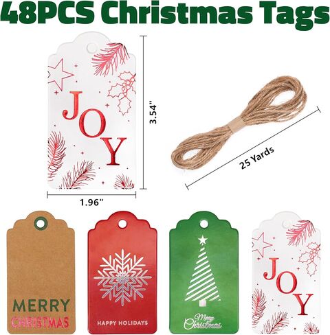 48 PCS عيد الميلاد هدايا العلامات للهدايا ، علامات اسم Kraft الأنيقة مع سلسلة لقضاء عطلة تخصيص الهدايا (الفرح الأحمر ، شجرة عيد الميلاد الخضراء) in Kuwait