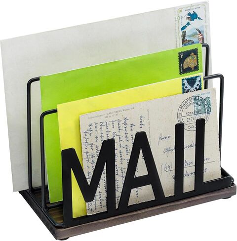 MyGift 3 Slot Industrial Matte Black Metal Wire Tabletop Mail Organizer مع قاعدة خشبية محترقة - SORTER MODERT OFTOP SORTER للدخول أو المكتب أو المنزل in Saudi Arabia