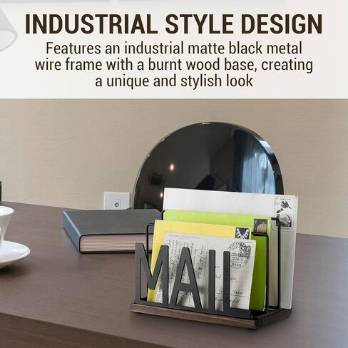 MyGift 3 Slot Industrial Matte Black Metal Wire Tabletop Mail Organizer مع قاعدة خشبية محترقة - SORTER MODERT OFTOP SORTER للدخول أو المكتب أو المنزل in Saudi Arabia