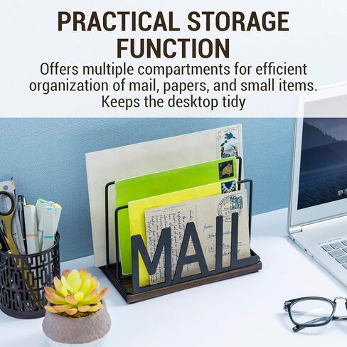 MyGift 3 Slot Industrial Matte Black Metal Wire Tabletop Mail Organizer مع قاعدة خشبية محترقة - SORTER MODERT OFTOP SORTER للدخول أو المكتب أو المنزل in Saudi Arabia