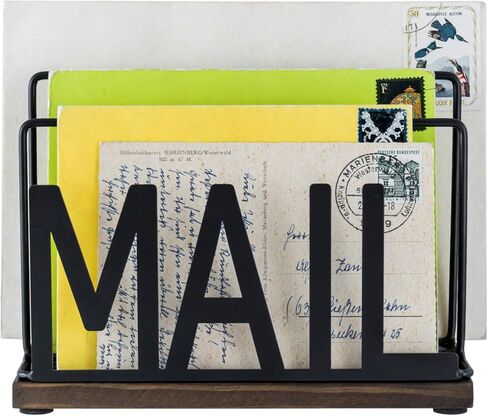 MyGift 3 Slot Industrial Matte Black Metal Wire Tabletop Mail Organizer مع قاعدة خشبية محترقة - SORTER MODERT OFTOP SORTER للدخول أو المكتب أو المنزل in Saudi Arabia